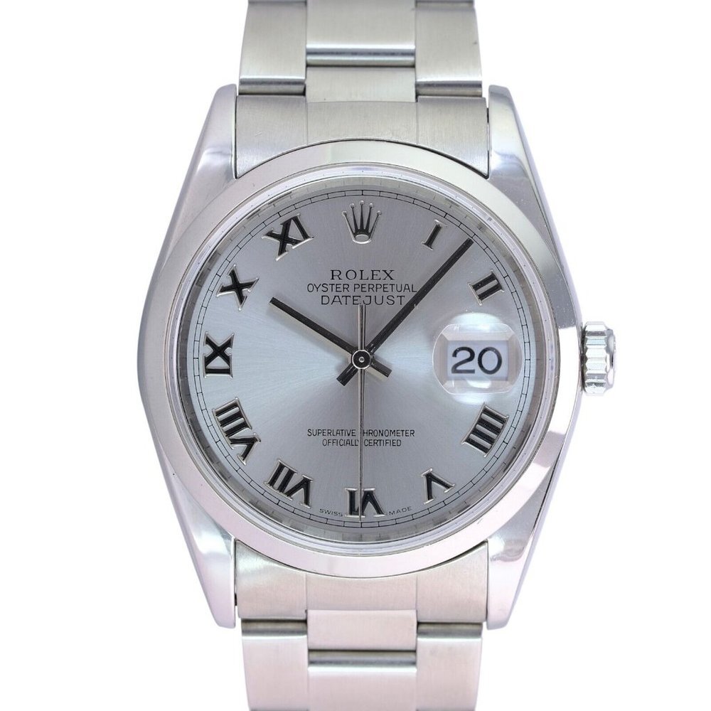 ROLEX DATEJUST SILVER ROMAN DIAL STAINLESS STEEL SMOOTH OYSTER WATCH 36 MM 16200